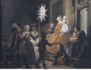 'Zingen met de ster', uitgebeeld door Cornelis Troost.
