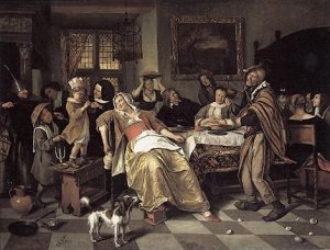 In de zeventiende-eeuwse beeldende kunst was driekoningen een populair thema. In dit schilderij legde Jan Steen het dertienavondspel in al zijn uitgelatenheid vast. 